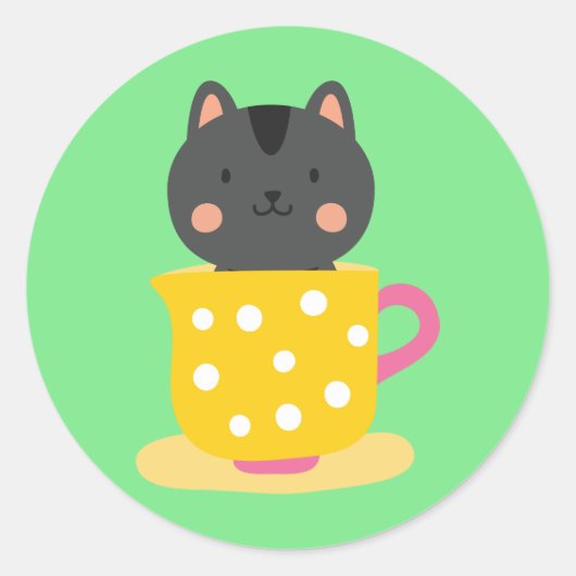 Kat in teacup-cartoon op munt ronde sticker (Voorkant)