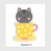 Kat in teacup-cartoon op munt sticker (Vel)