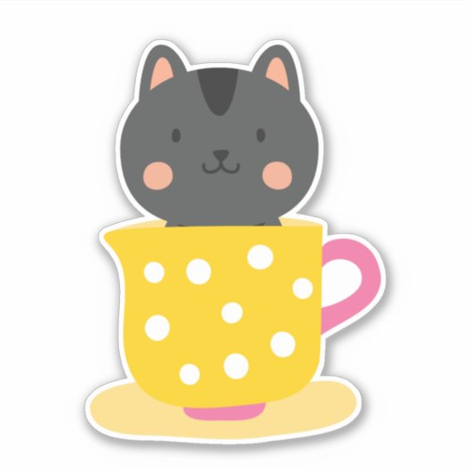 Kat in teacup-cartoon op munt sticker (Voorkant)