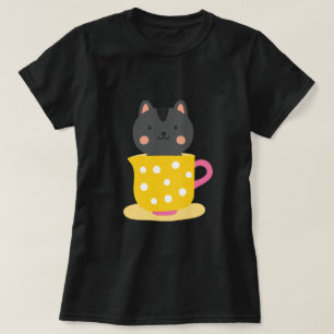 Kat in teacup-cartoon op munt t-shirt