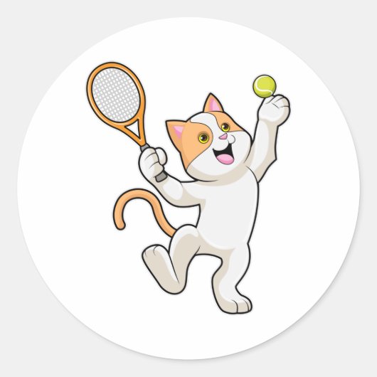 Kat in Tennis met Tennis racket Ronde Sticker (Voorkant)