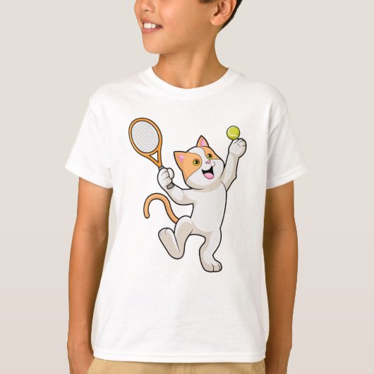 Kat in Tennis met Tennis racket T-shirt (Voorkant)