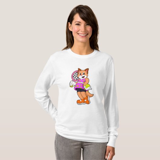 Kat in Tennis met Tennis racket T-shirt (Voorkant volledig)