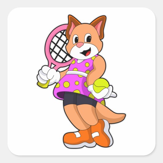 Kat in Tennis met Tennis racket Vierkante Sticker (Voorkant)