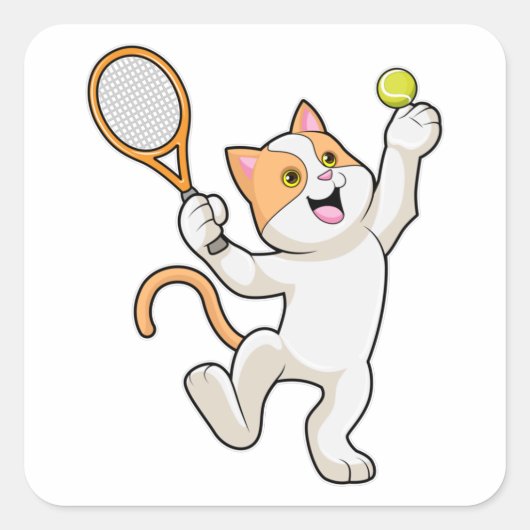 Kat in Tennis met Tennis racket Vierkante Sticker (Voorkant)