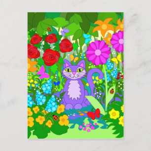 Kat in tuin fantasie bloemen vlinders lieveheersbe briefkaart