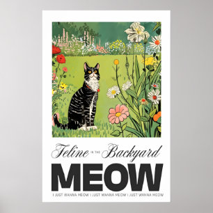 Kat in tuin kunstprint Whimsical Feline & Bloem Poster