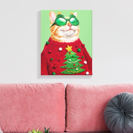 Kat in Ugly kerstSweater Canvas Afdruk (Insitu (Woonkamer))