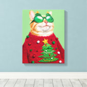 Kat in Ugly kerstSweater Canvas Afdruk (Insitu (Houten vloer))