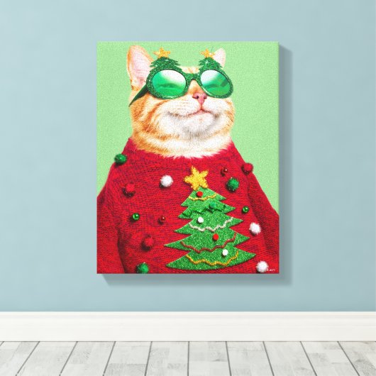 Kat in Ugly kerstSweater Canvas Afdruk (Insitu (Houten vloer))