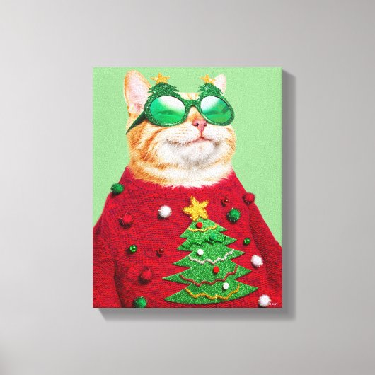 Kat in Ugly kerstSweater Canvas Afdruk (Voorkant)
