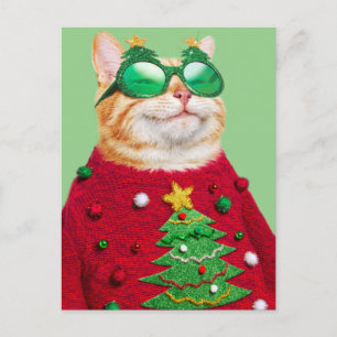 Kat in Ugly kerstSweater Uitnodiging Briefkaart