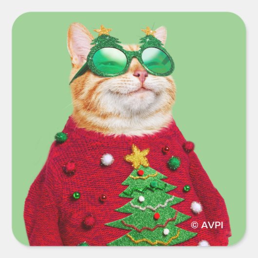Kat in Ugly kerstSweater Vierkante Sticker (Voorkant)