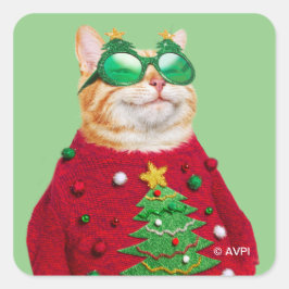Kat in Ugly kerstSweater Vierkante Sticker
