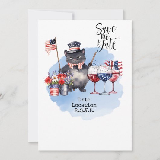 Kat in uitnodiging voor 4 juli save the date Ameri (Voorkant)