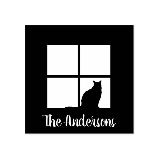Kat in Venster Eenvoudig Modern Script Naam Schatt Rubberstempel (Afrduk)