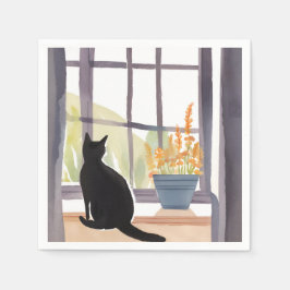 Kat in vensterbank | Silhouette Waterverf  Servet
