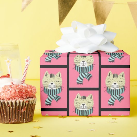 kat in wintersjaal cadeaupapier (Verjaardagsfeest)