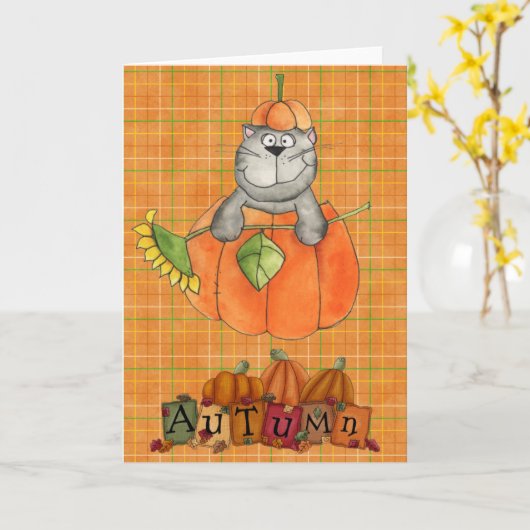 Kat Inside Pumpkin Wenskaart Kaart (Gele Bloem)