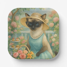 Kat is in een prachtige tuin papieren bordje