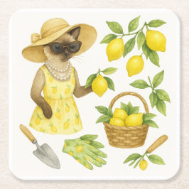 Kat is tuinieren in Lemon Garden Glass Onderzetter