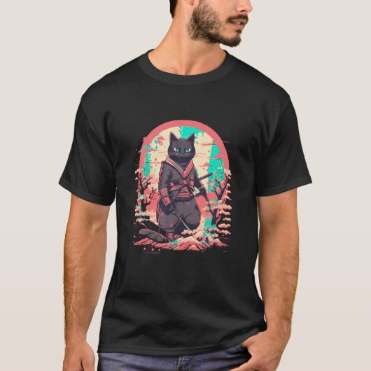 Kat Japans Kunst Kat Ninja Ukiyo e Anime Samurai C T-shirt (Voorkant)