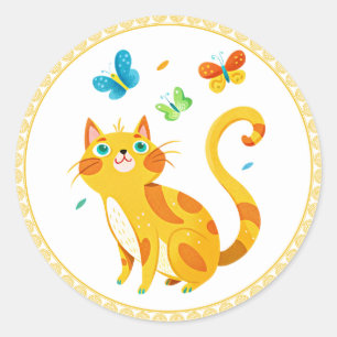 Kat Kat en Kleurrijke Vlinders, gouden lijst, Ronde Sticker
