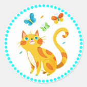 Kat kat en kleurrijke vlinders ronde sticker (Voorkant)