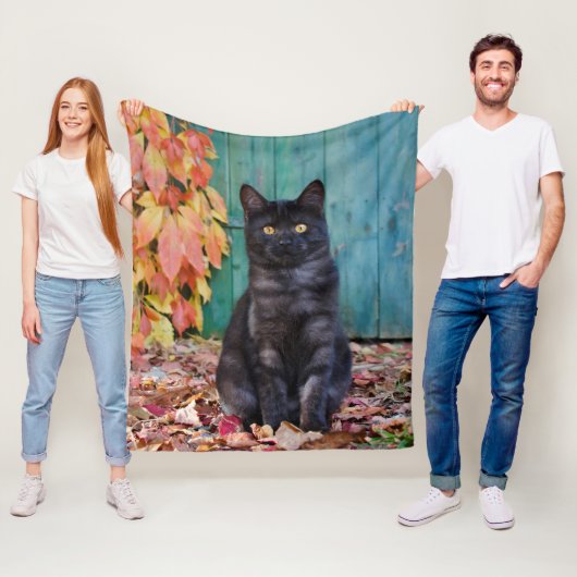 Kat Kat Kat Kat Kat Kat met rode bladeren Blauwe d Fleece Deken (In situ)