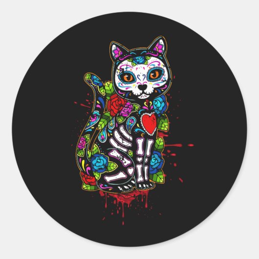 Kat Kat Kitten Paws Sugar Skull Calavera Hwe Ronde Sticker (Voorkant)