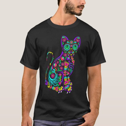 Kat Kat Kitten Paws Sugar Skull Calavera Hwe T-shirt (Voorkant)