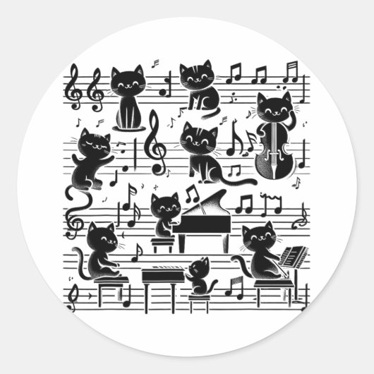 Kat Kat Spelen Muziek Opmerking Clef Musician Art  Ronde Sticker (Voorkant)