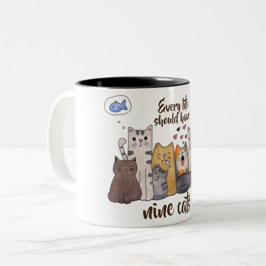 Kat-kattebakje| Elk leven moet negen katten hebben Tweekleurige Koffiemok (Voorkant links)