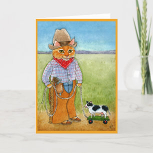 Kat-kattencowboy, koe wenskaart van veeboeren kaart