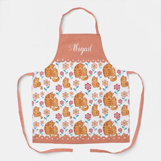 Kat-kattenmoeder met baby, bloesem-grens schort (Voorkant)