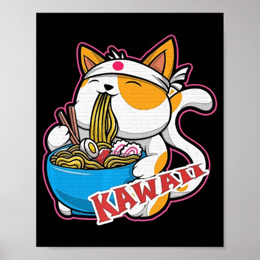 kat kawaii die ramen eet retro Japane Poster (Voorkant)