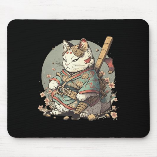 Kat Kawaii Style Samurai Anime Kitten Japans Muismat (Voorkant)