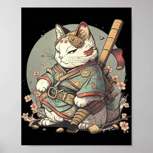 Kat Kawaii Style Samurai Anime Kitten Japans Poster (Voorkant)