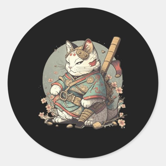 Kat Kawaii Style Samurai Anime Kitten Japans Ronde Sticker (Voorkant)