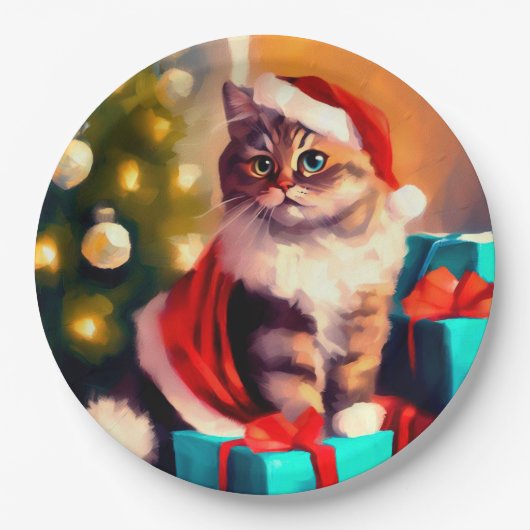 Kat kerst geschilderd papieren bordje (Voorkant)