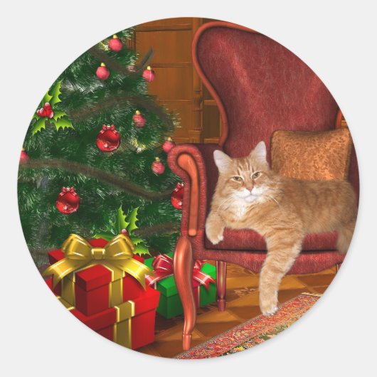 Kat kerst ronde sticker (Voorkant)