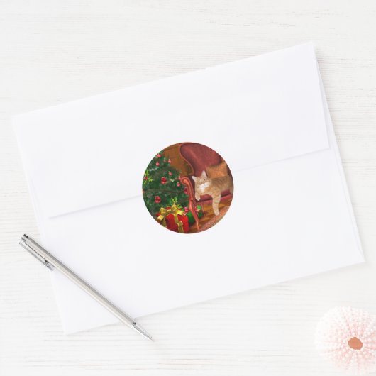 Kat kerst ronde sticker (Envelop)