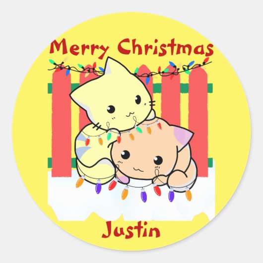 Kat kerst uit deur, persoonlijke naam ronde sticker (Voorkant)
