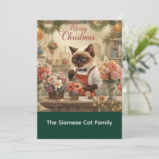 Kat Kerstbloem arrangement door bloemist Papier Feestdagenkaart (Staand voorkant)