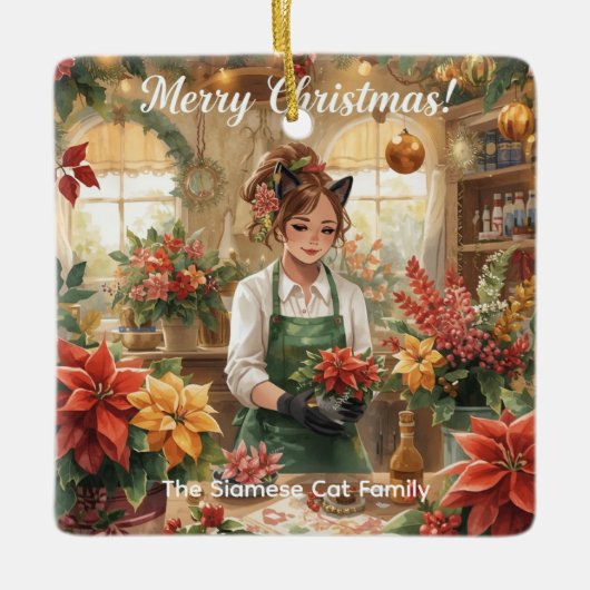 Kat Kerstbloem arrangement door bloemist Papier Keramisch Ornament (Voorkant)