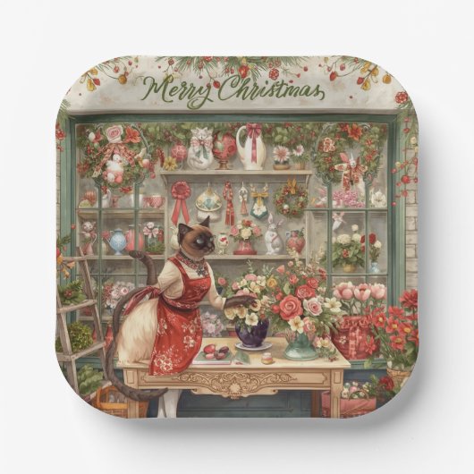 Kat Kerstbloem arrangement door bloemist Papieren Bordje (Voorkant)