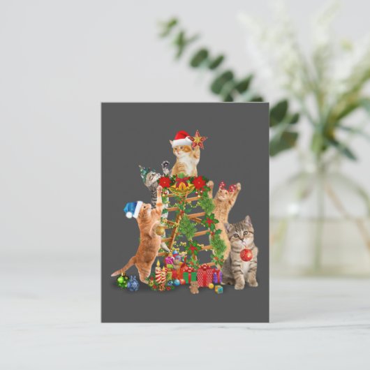 Kat kerstboom, lelijke kerstkat mam kat papa briefkaart (Staand voorkant)