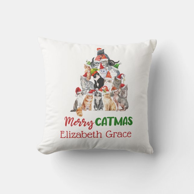 Kat-kerstboom Merry Catmus Cat Lovers Gift Kussen (Voorkant)