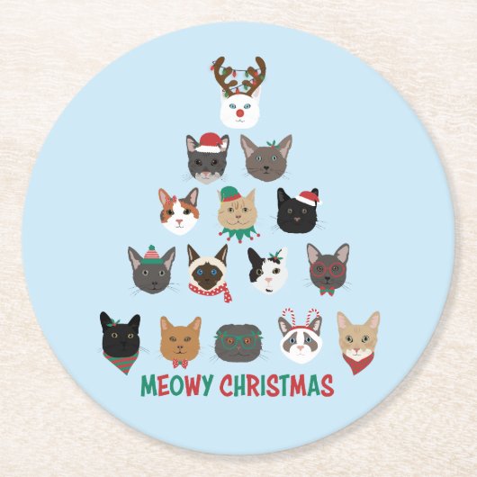 Kat kerstboom ronde kartonnen onderzetter (Voorkant)