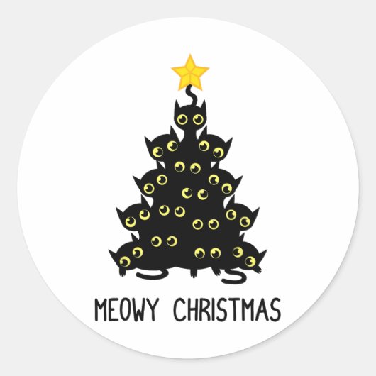 Kat Kerstboom Schattige Zwarte Kitten Lover Meowy Ronde Sticker (Voorkant)